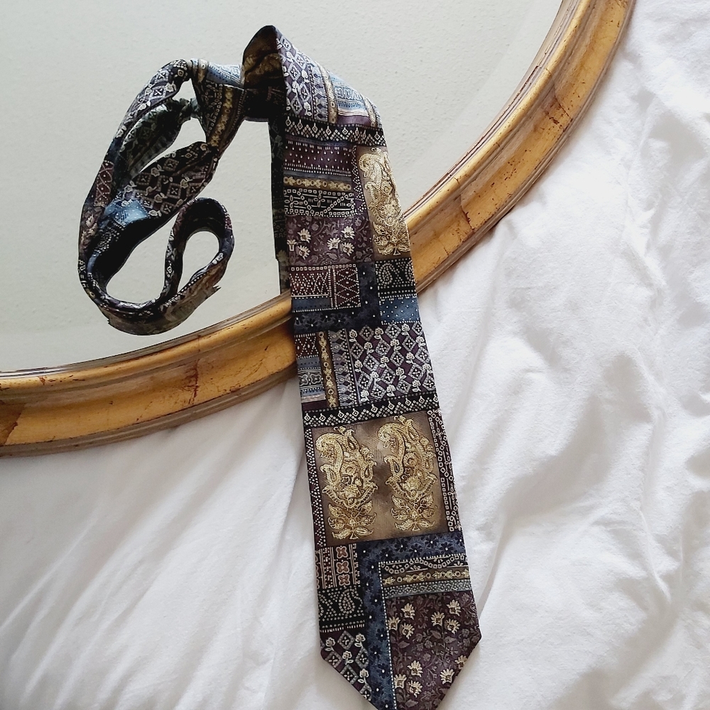 🖤 3/$20 Vintage Bill Blass Silk Patchwork Mosaic Tie Blue Gold Multi Pattern